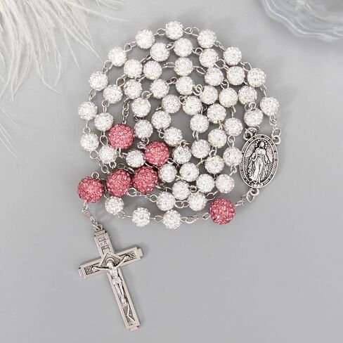 Nazareth Store Rhinestones Beads Crystal Beads Raby ، قلادة مسبحة كاثوليكية مع ميداليات ميدالية فضية ميدالية INRI ، الوردية متعددة الألوان في حالة هدية in Kuwait