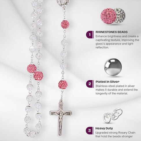 Nazareth Store Rhinestones Beads Crystal Beads Raby ، قلادة مسبحة كاثوليكية مع ميداليات ميدالية فضية ميدالية INRI ، الوردية متعددة الألوان في حالة هدية in Kuwait