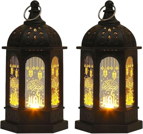 2 حزمة رمضان الفانوس - مصباح سداسي أسود إسلامي مع الخط العربي ، والأضواء المعلقة للبطارية لتديين المنزل المسلم ، وهدايا العيد وتزيين المهرجان in Saudi Arabia