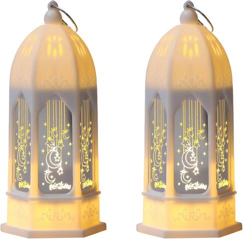 2 Pack Ramadan Lantern - Gold Hexagon Islamic Lamp Set with Arabic Calligraphy, Battery Operated Hanging Lights for Muslim Home Decor, Eid Gifts & Festival Decoration in Saudi Arabia