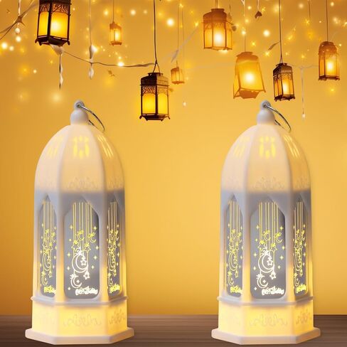 2 Pack Ramadan Lantern - Gold Hexagon Islamic Lamp Set with Arabic Calligraphy, Battery Operated Hanging Lights for Muslim Home Decor, Eid Gifts & Festival Decoration in Saudi Arabia