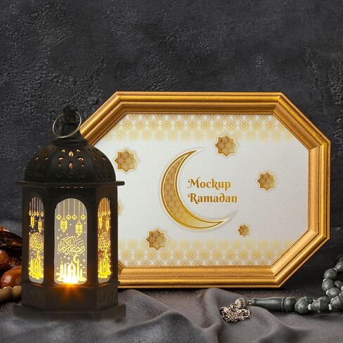 2 حزمة رمضان الفانوس - مصباح سداسي أسود إسلامي مع الخط العربي ، والأضواء المعلقة للبطارية لتديين المنزل المسلم ، وهدايا العيد وتزيين المهرجان in Saudi Arabia