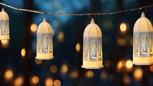 2 Pack Ramadan Lantern - Gold Hexagon Islamic Lamp Set with Arabic Calligraphy, Battery Operated Hanging Lights for Muslim Home Decor, Eid Gifts & Festival Decoration in Saudi Arabia