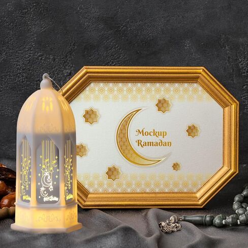 2 Pack Ramadan Lantern - Gold Hexagon Islamic Lamp Set with Arabic Calligraphy, Battery Operated Hanging Lights for Muslim Home Decor, Eid Gifts & Festival Decoration in Saudi Arabia