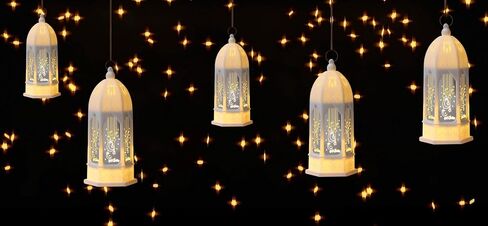 2 Pack Ramadan Lantern - Gold Hexagon Islamic Lamp Set with Arabic Calligraphy, Battery Operated Hanging Lights for Muslim Home Decor, Eid Gifts & Festival Decoration in Saudi Arabia