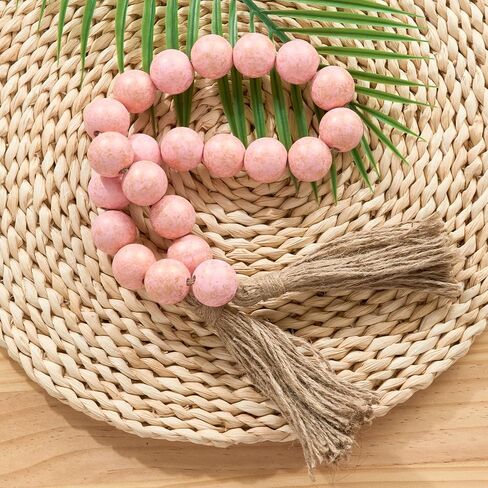 OMISHE Large Wood Bead Garland with Tassels 35.5 Inches, Boho Decorative Beads, Farmhouse Beads Garland for Home Tiered Tray Decor, Rustic Pink in Saudi Arabia