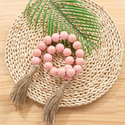 OMISHE Large Wood Bead Garland with Tassels 35.5 Inches, Boho Decorative Beads, Farmhouse Beads Garland for Home Tiered Tray Decor, Rustic Pink in Saudi Arabia