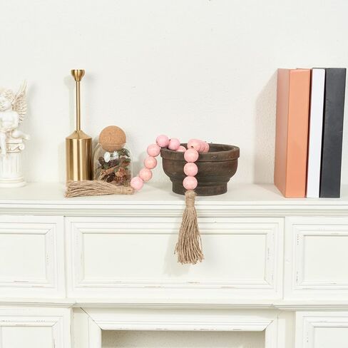 OMISHE Large Wood Bead Garland with Tassels 35.5 Inches, Boho Decorative Beads, Farmhouse Beads Garland for Home Tiered Tray Decor, Rustic Pink in Saudi Arabia