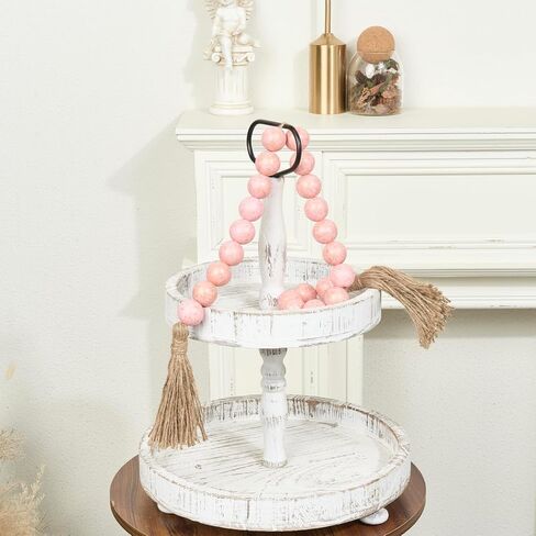 OMISHE Large Wood Bead Garland with Tassels 35.5 Inches, Boho Decorative Beads, Farmhouse Beads Garland for Home Tiered Tray Decor, Rustic Pink in Saudi Arabia