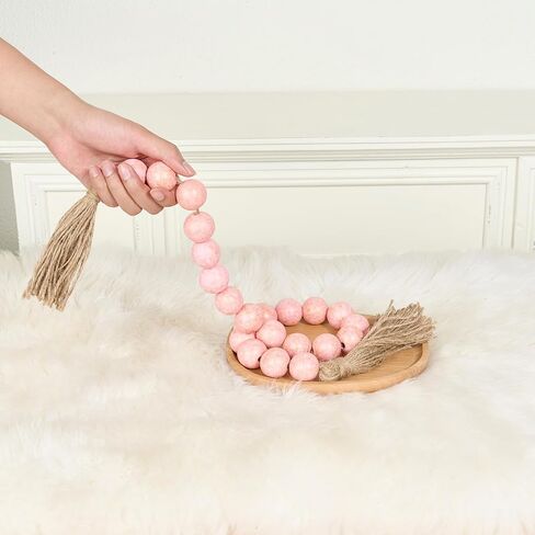 OMISHE Large Wood Bead Garland with Tassels 35.5 Inches, Boho Decorative Beads, Farmhouse Beads Garland for Home Tiered Tray Decor, Rustic Pink in Saudi Arabia