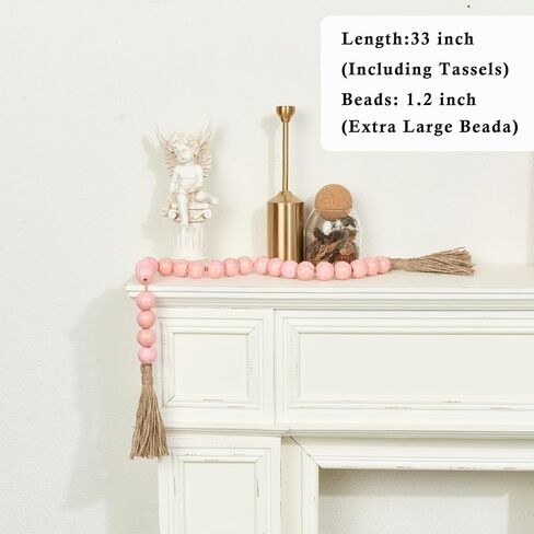 OMISHE Large Wood Bead Garland with Tassels 35.5 Inches, Boho Decorative Beads, Farmhouse Beads Garland for Home Tiered Tray Decor, Rustic Pink in Saudi Arabia