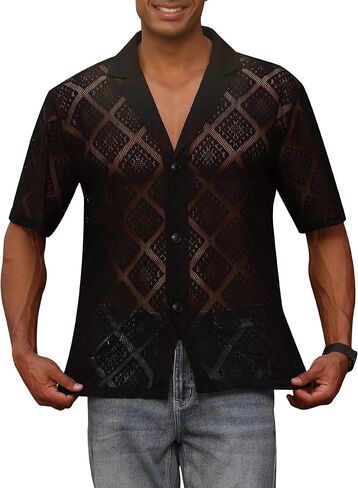 OLEMEK Men's Fashion Lace Shirt Hollow Out Sheer See Through Short Sleeve Button Down Shirts Casual Summer Top in Saudi Arabia