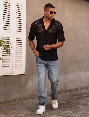 OLEMEK Men's Fashion Lace Shirt Hollow Out Sheer See Through Short Sleeve Button Down Shirts Casual Summer Top in Saudi Arabia