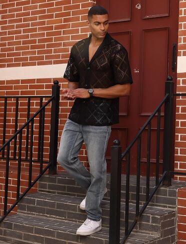 OLEMEK Men's Fashion Lace Shirt Hollow Out Sheer See Through Short Sleeve Button Down Shirts Casual Summer Top in Saudi Arabia