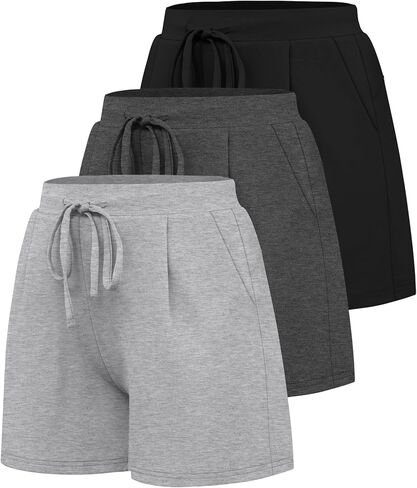 Huukeay 3 Pack Women's Casual Sweat Shorts, High Waist Drawstring Wide Leg Athletic Lounge Shorts with Pockets 2025 Summer in Kuwait