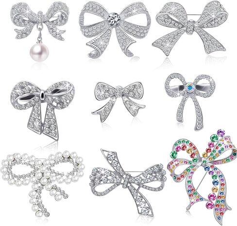 9 Pcs Delicate Crystal Bow Brooch Pin for Women, Glitter Pins Dress Suit Shirt Ceremony Clothes Jewelry Accessories in Kuwait