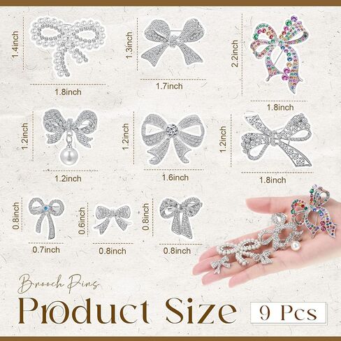 9 Pcs Delicate Crystal Bow Brooch Pin for Women, Glitter Pins Dress Suit Shirt Ceremony Clothes Jewelry Accessories in Kuwait