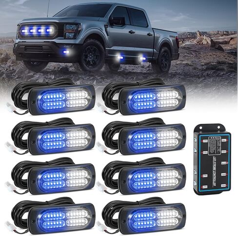 AnTom 8pcs Emergency Strobe Lights for Trucks, Sync Feature Vehicles Grille Surface Mount 24-LED Flashing Hazard Warning Light Kit with Controller and Wiring Harness, No additional wiring required in Kuwait