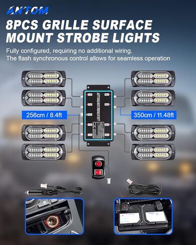 AnTom 8pcs Emergency Strobe Lights for Trucks, Sync Feature Vehicles Grille Surface Mount 24-LED Flashing Hazard Warning Light Kit with Controller and Wiring Harness, No additional wiring required in Kuwait