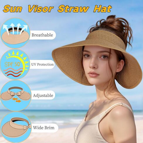 قبعات قش Sun Visor للنساء ، الصيف القابل للطي مرنة على نطاق واسع الشاطئ شاطئ الأشعة فوق البنفسجية القبعة الأساسية in Kuwait