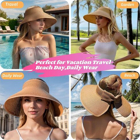 قبعات قش Sun Visor للنساء ، الصيف القابل للطي مرنة على نطاق واسع الشاطئ شاطئ الأشعة فوق البنفسجية القبعة الأساسية in Kuwait