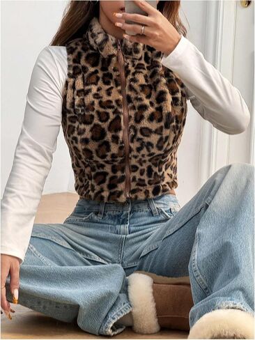 Women's Y2k Leopard Print Cropped Vest Jacket Zip Up Fuzzy Sleeveless Cheetah Outwear in Saudi Arabia