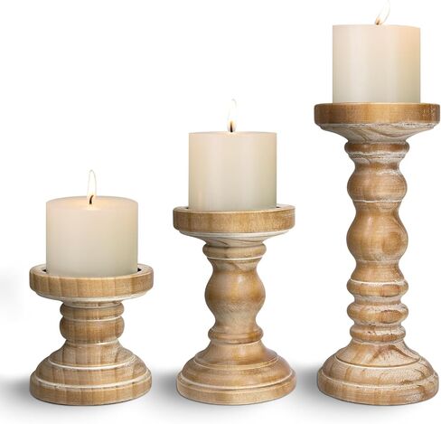 Candle Holder for Pillar Candle Set of 3, Farmhouse Wood Candle Holder, Rustic Wooden Candle Stand, Vintage Tall Candle Stand Decorative for Living Room, Table Centerpiece,Brown in Saudi Arabia