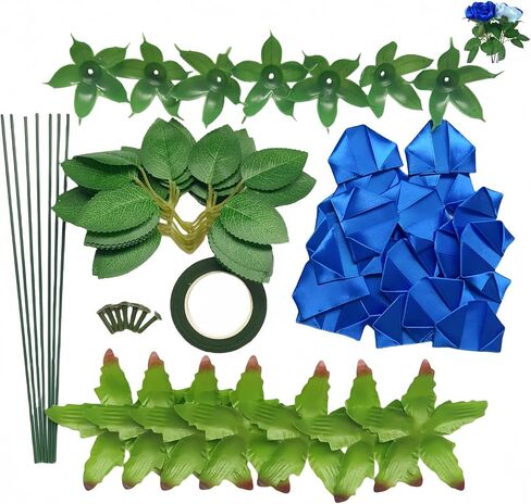 LatinaFlorista DIY Ribbon Rose Kit, Makes 7 Eternal Roses, Complete Craft Set with 105 Premade Petals, Stems, Leaves, Crafting Unique Gift of Forever Flowers Ramos Bouquets (7 Roses Kit -Royal Blue) in Saudi Arabia