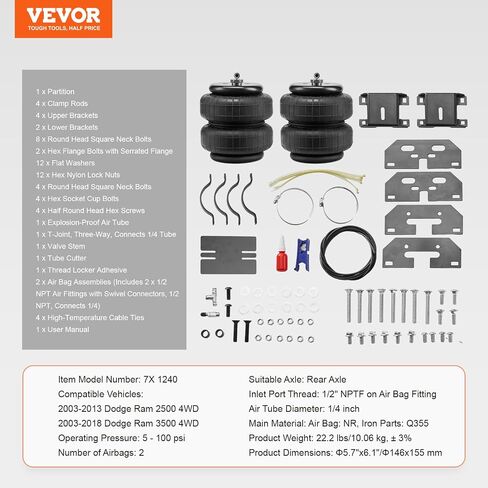 VEVOR Air Bag Suspension Kit, Air Springs Suspension Bag Kit Compatible with 2003-2013 Dodge Ram 2500 4WD, 2003-2018 Dodge Ram 3500 4WD, 5000 lbs Loading, 5 to 100 PSI in Kuwait