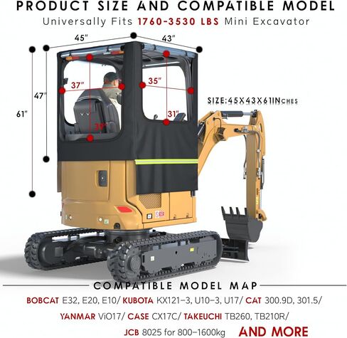 Mini Excavator Cover,Transparent Excavator Cab Enclosure,1680D Waterproof Oxford Fabric + EVA HD Transparent See-Through Material, 45x43x61in, for Bobcat E20/Kubota U17 etc, 1760-3530 lbs.(Black) in Saudi Arabia