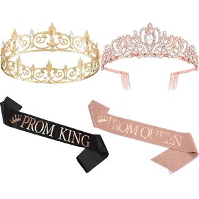 Lyrow 4 Pcs Prom King and Queen Crowns and Sashes Set Graduation Prom King and Queen Tiara Sash for Party Favors Women Birthday Halloween Wedding Party