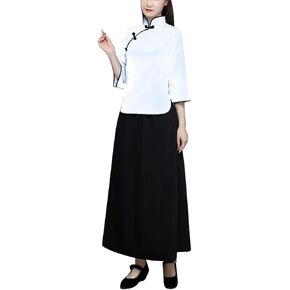 Women's Vintage Chinese Blouse Skirt Sets 3/4-length Sleeve Mandarin Collar Shirt Top Traditional Schoolgirl Costume