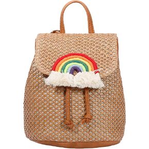 Small Straw Backpack for Women Summer Handmade Woven Beach Bag Bookbag Daypack Wicker Purse Bohomian Drawstring Shoulder Bag-B Fringed-Beige