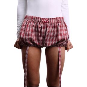 Verdusa Women's Gingham Bloomer Shorts Elastic Low Waist Mini Bubble Shorts with Strap