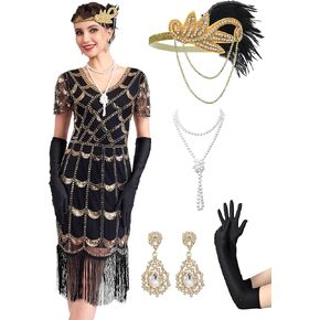 1920S Dresses for Women, Fringed Sequin Dresses Set, Roaring 20s Costumes with 20s Accessories for Harlem Nights
