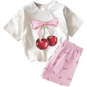 WDIRARA Girl's 2 Piece Set Cute Cherry Bow Print Tee Shorts Set Summer Outfits