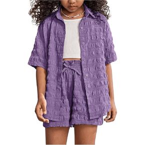 SweatyRocks Girl's Summer 2 Piece Outfit Textured Button Down Shirt and High Waisted Shorts Set
