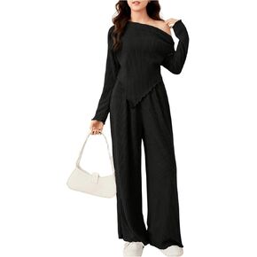SweatyRocks Girl's 2 Piece Ribbed Knit Outfits Asymmetrical Neck Long Sleeve T Shirt and Wide Leg Pants Set