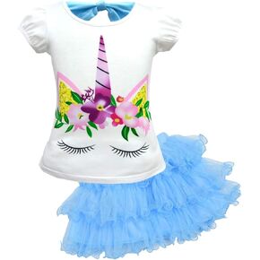 Dressy Daisy Girls Unicorn Clothing Set (Cotton Tee Shirt with Tutu Skirt) Fancy Dress Up Clothes, Blue Pink Purple in Kuwait