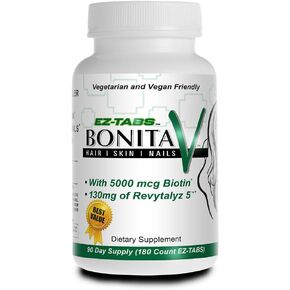 Bonita V Vegan Hair Nails and Skin Vitamins for Women - 20 Active Ingredients Including Biotin - Stronger Nails, Healthy Skin, Hair Growth - 180 EZ-TAB Veggie Tablets