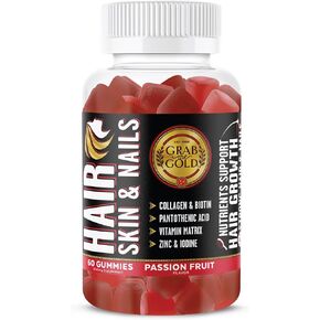 Grab The Gold Hair Skin & Nails Gummies Vitamins with 6000mcg Biotin + Collagen + 10 Vitamins & Minerals, Gluten-Free, Passion Fruit Flavor (1 Bottle = 1 Month Supply)