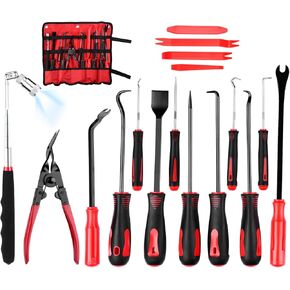 17-Pcs Mechanic Hook Pick Tool Set and Auto Trim Removal Tool Kit with Clip Plier Remover Tool for Automotive Repair, Magnetic Pickup Tool, Gasket Scraper, Telescoping for Hand Pick Up Tools