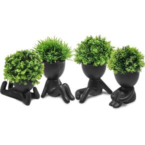 Makhot 4pcs لطيف النباتات المصطنعة المصطنعة النضرة مع الأواني البشرية الإبداعية ، النباتات المزيفة الصغيرة لمكتب مكتب الجرف الزخرفة منزل المكتب (أسود) in Kuwait