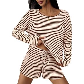 Ekouaer Waffle Lounge Sets Long Sleeve Shorts Striped Pajamas Set Matching Waffles Knit 2 Piece Outfits Sets for Women