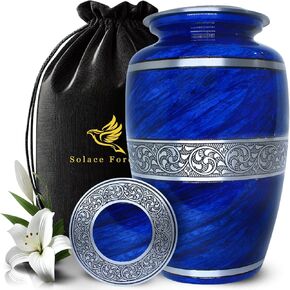 Urn for Ashes Adult Male and Female - Cremation Urns for Human Ashes Adult Man and Woman - Decorative Funeral Urns - Handcrafted Memorial Urn with Blue Marble Finish - Includes Velvet Bag