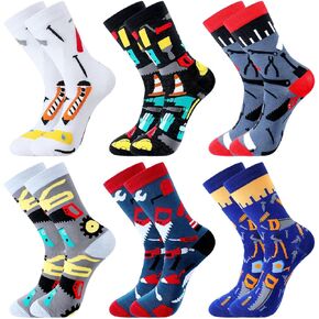 Suhine 6 Pair Men Tool Dad Crew Socks Novelty Fashion Socks Construction Socks for Men Adult Woodworking Gift