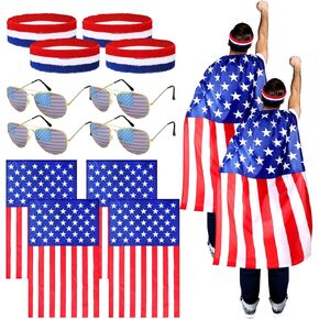 Mepase 12 Pcs 4th of July American Flag Cape Independence Day USA Outfits Sunglasses Flag Headband Patriotic Accessories (Adults)