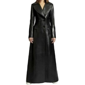Women's Pure Genuine Black Leather Trench Maxi Coat Style Collection