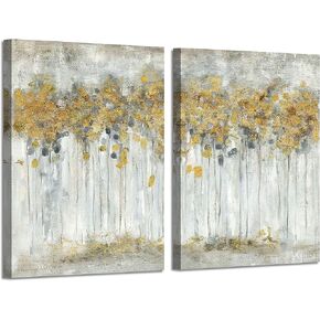 ARTISTIC PATH Abstract Forest Canvas Picture Artwork: Golden Autumn Tree Wall Art Printed on Canvas for Bedroom (11" W x 16" H x 2 PCS, Multi-Sized)