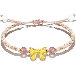Liu Jun Bow Bracelet for Women ، Gold Bowknot Strawberry Quartz Bead اثنين من حبل اليد الحبل ملهمة ملهمة محظوظات محظوظات محظوظ